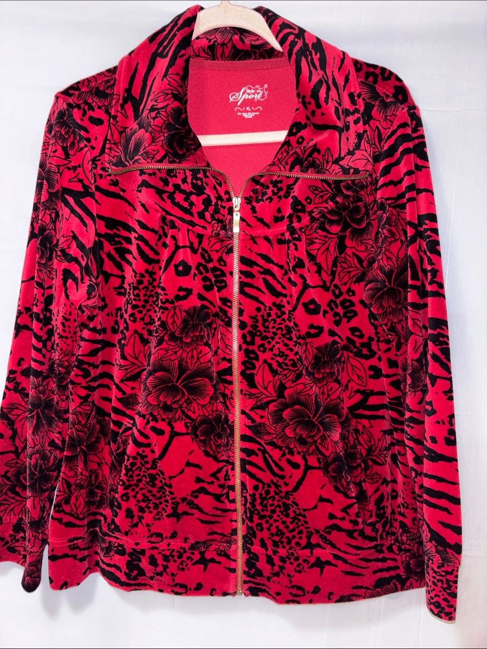 New York & Company Red and Black Floral-Animal Print Bomber Jacket
